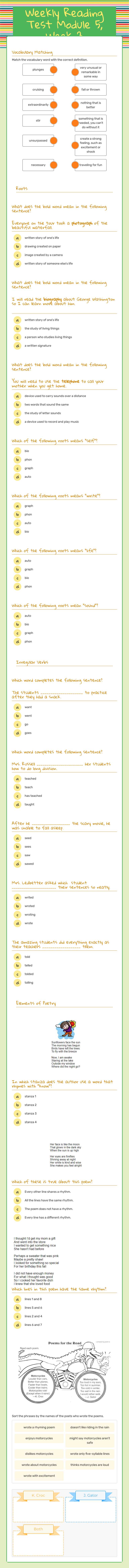 Weekly Reading Test Module 5, Week 3 worksheet preview image