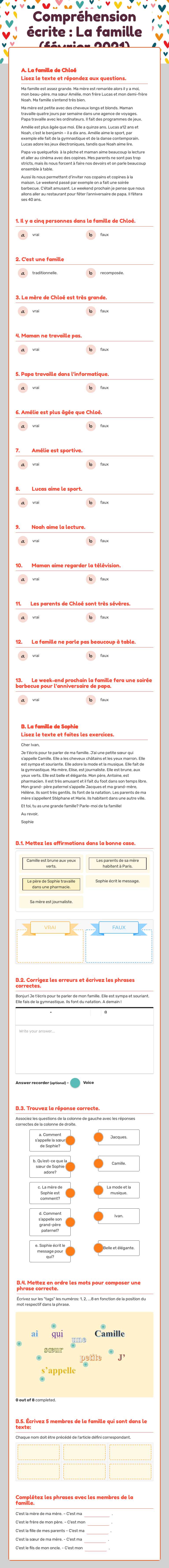 Compréhension écrite : La famille (février 2021) worksheet preview image