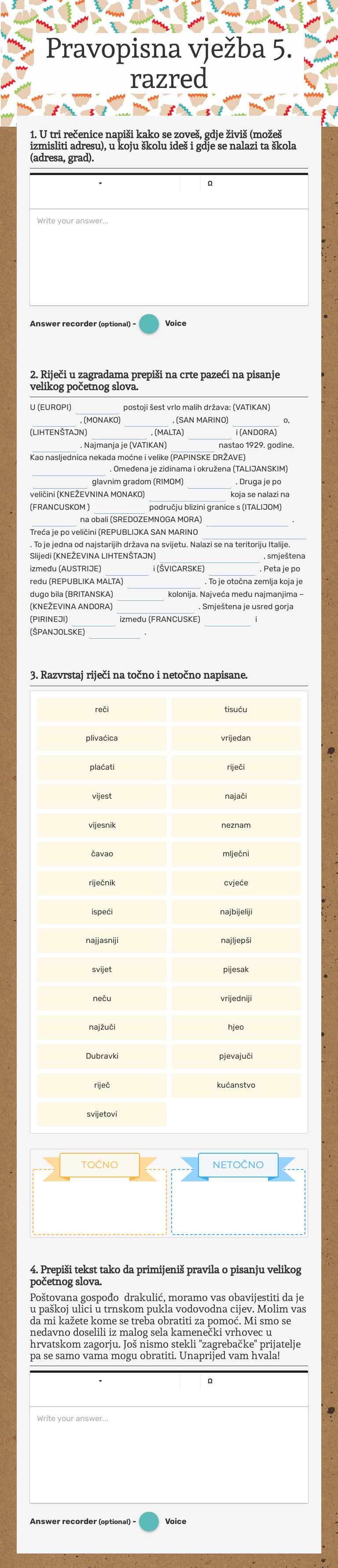 Pravopisna vježba 5. razred worksheet preview image
