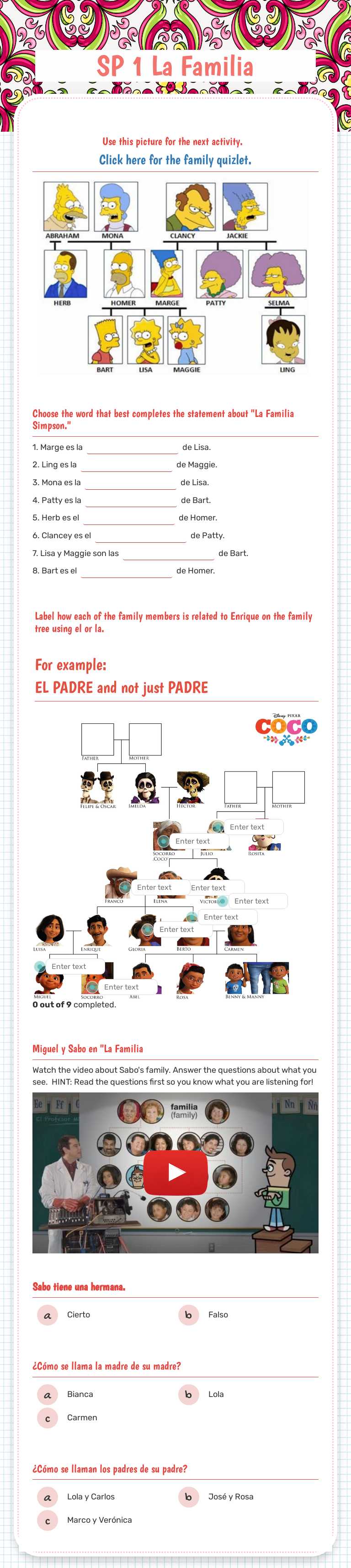 SP 1 La Familia worksheet preview image