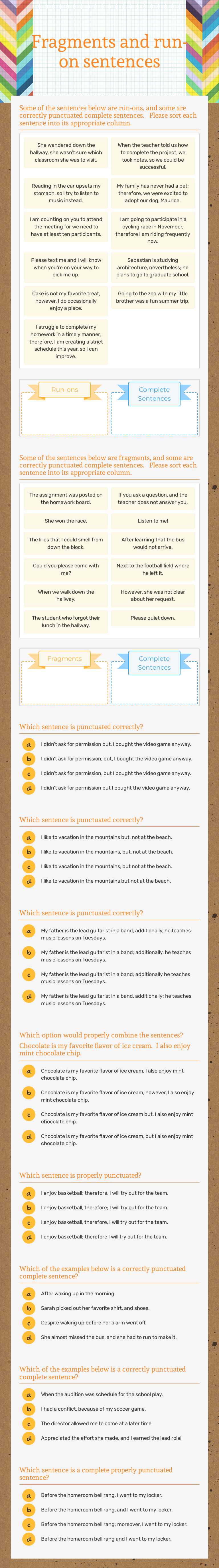 Fragments and run-on sentences worksheet preview image
