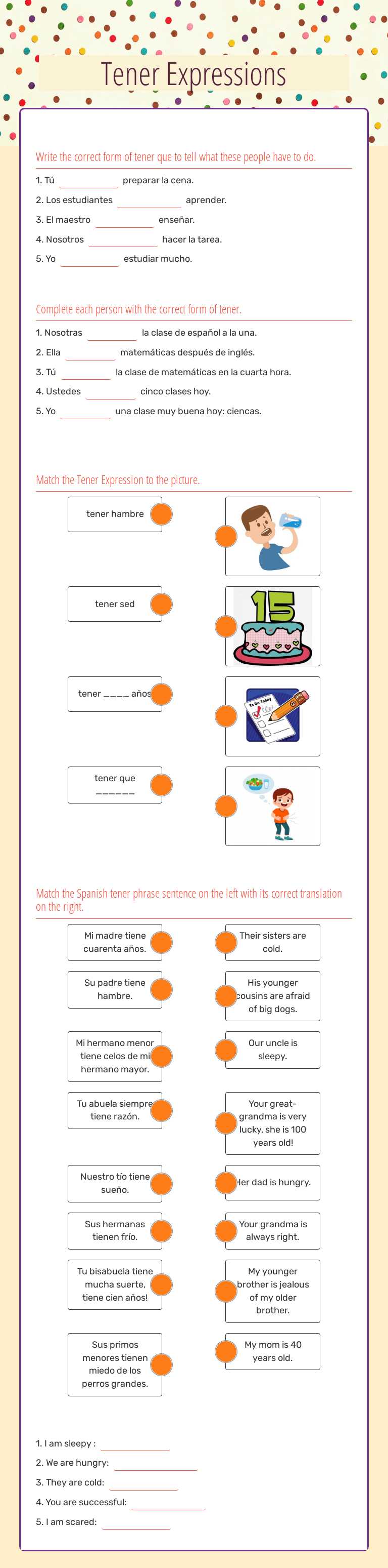 Tener Expressions worksheet preview image