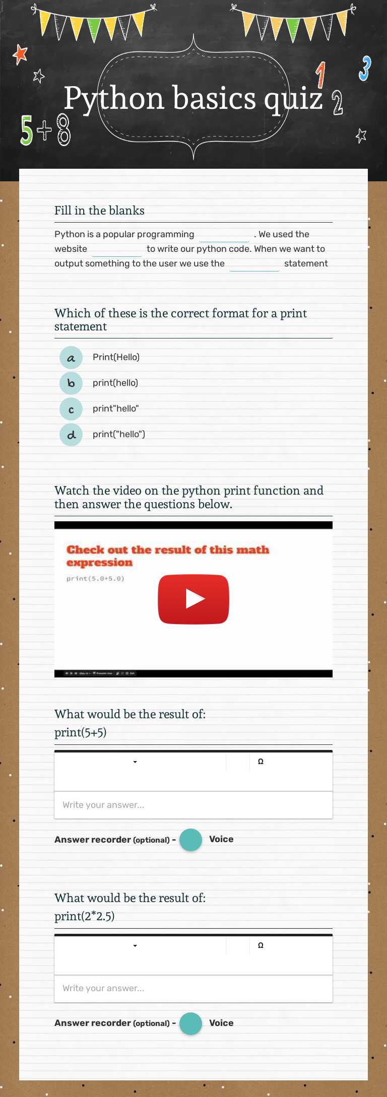 Python basics quiz worksheet preview image