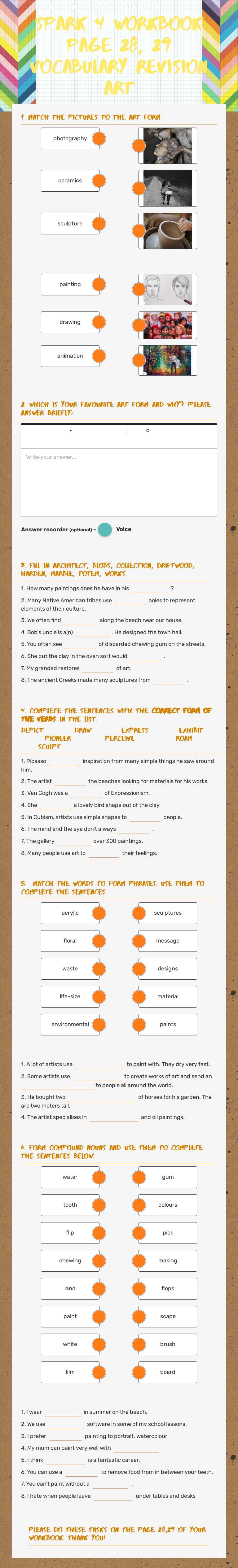 spark 4         Workbook page 28, 29 
   Vocabulary revision    art Grade 8 worksheet preview