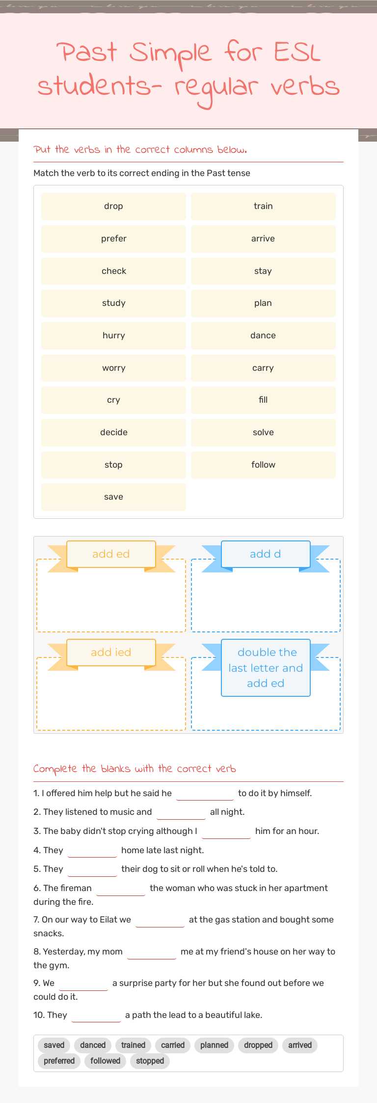 Past Simple for ESL
students- regular verbs worksheet preview image