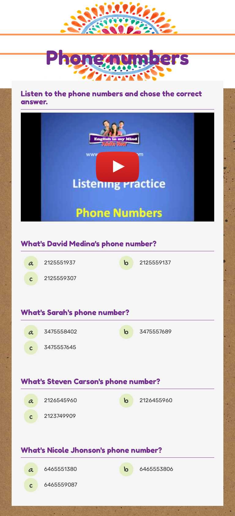 Phone numbers worksheet preview image