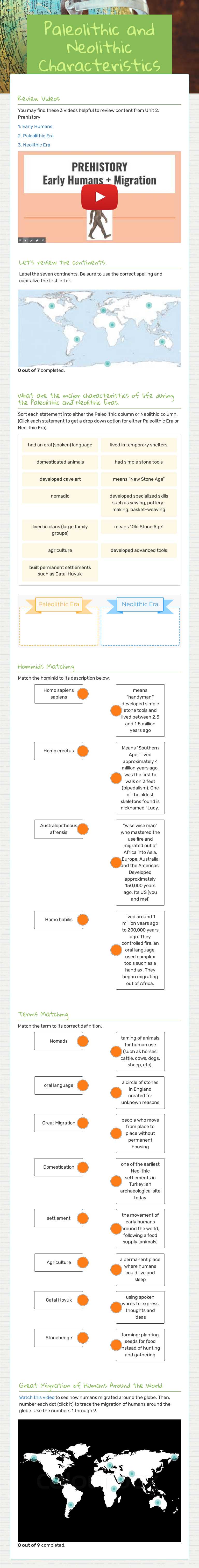 Paleolithic and Neolithic Characteristics worksheet preview image