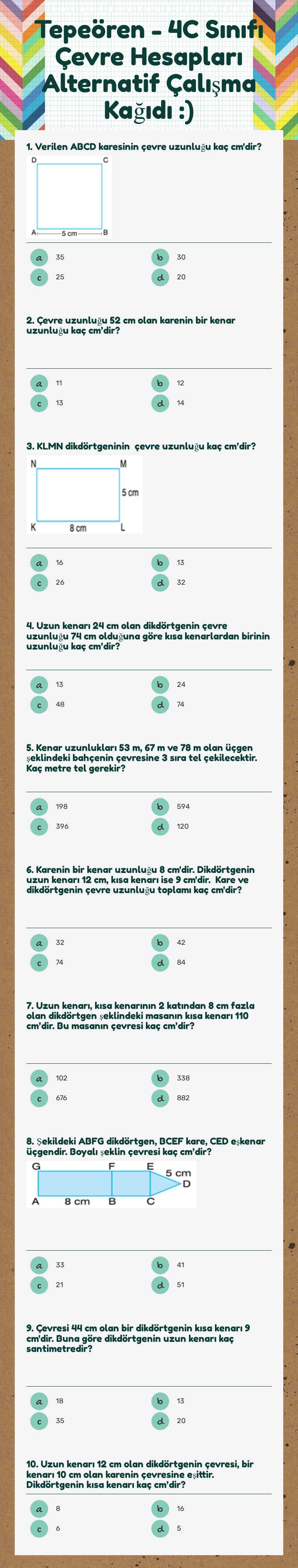 Tepeören - 4C Sınıfı Çevre Hesapları Alternatif Çalışma Kağıdı :) worksheet preview image