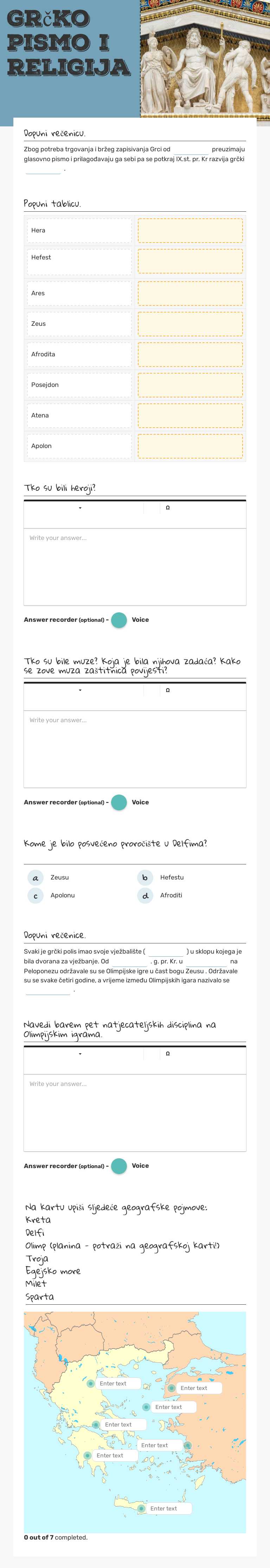 Grčko pismo i religija Grade 5 worksheet preview