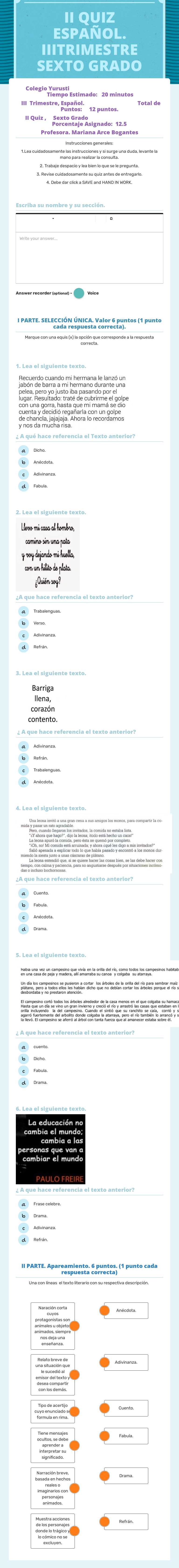 II QUIZ ESPAÑOL.               
       IIITRIMESTRE                  SEXTO GRADO worksheet preview image