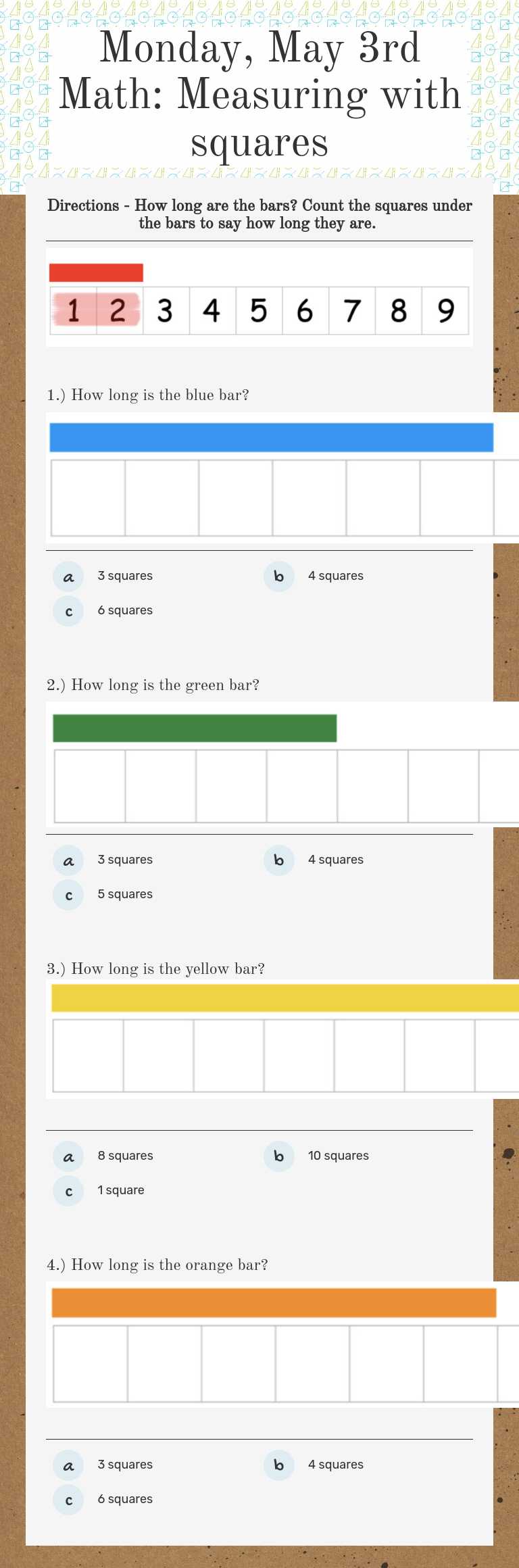 Monday, May 3rd Math: Measuring with squares worksheet preview image