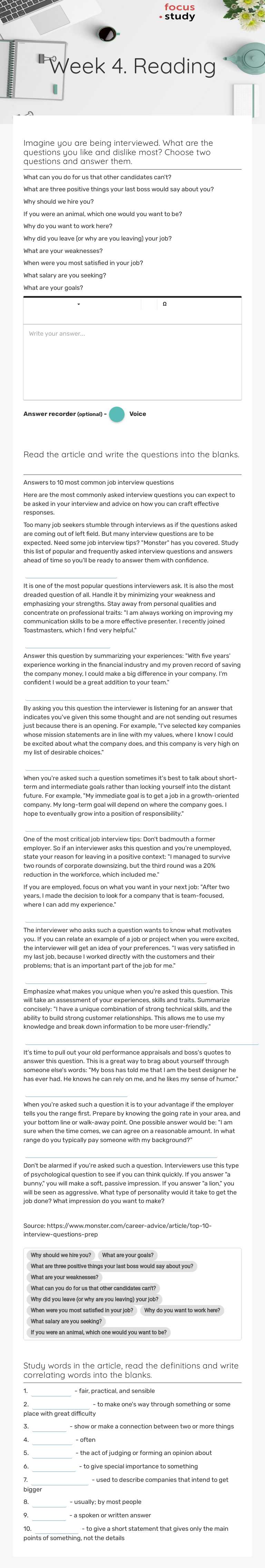 Week 4. Reading worksheet preview image