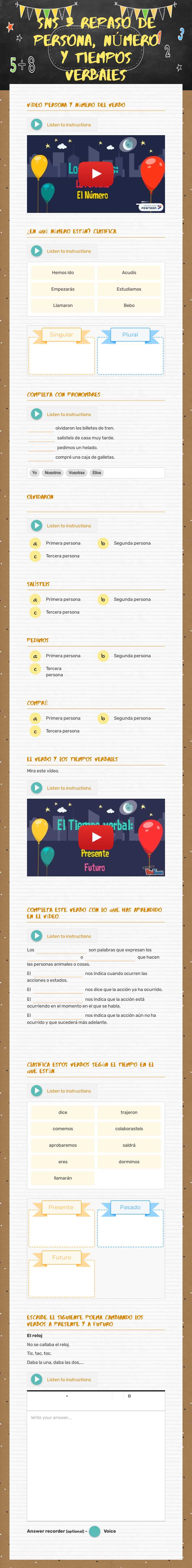 SNS 3 Repaso de PERSONA, NÚMERO Y TIEMPOS VERBALES worksheet preview image