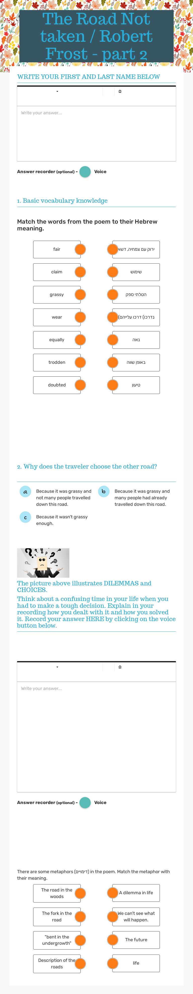 The Road Not taken / Robert Frost - part 2 worksheet preview image