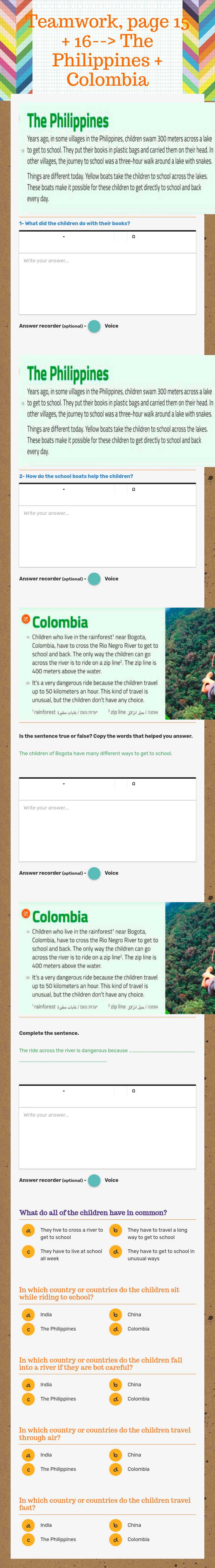 Teamwork, page 15 + 16-->                          The Philippines + Colombia worksheet preview image