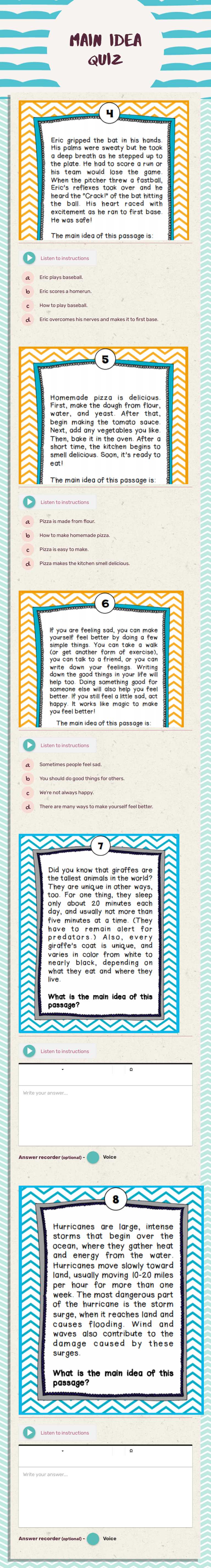 Main Idea Quiz worksheet preview image