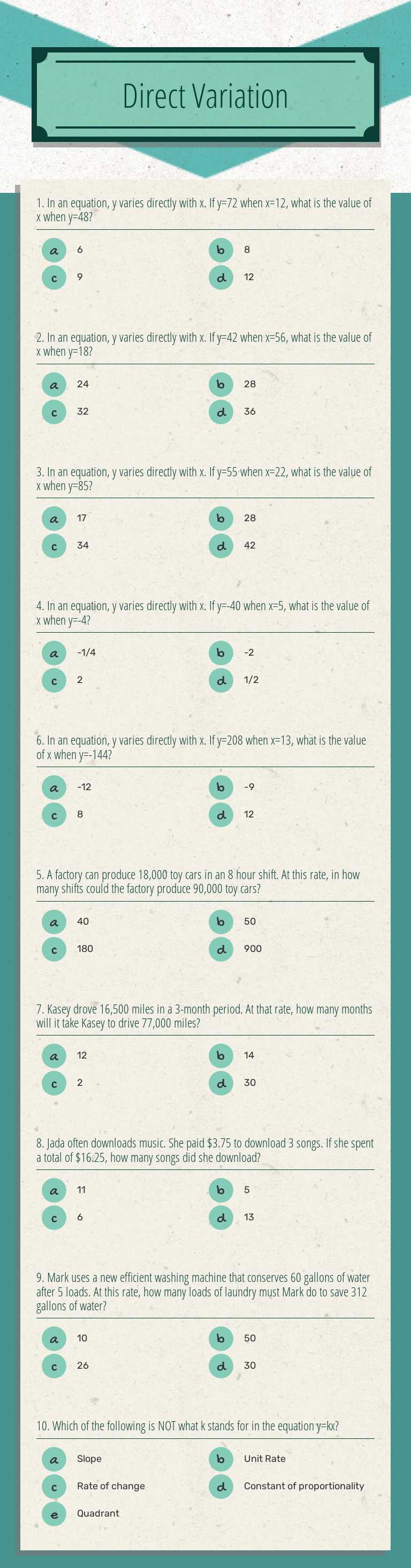Direct Variation Grade 8 worksheet preview