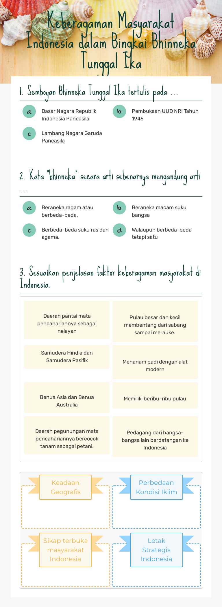 Keberagaman Masyarakat Indonesia dalam Bingkai Bhinneka Tunggal Ika worksheet preview image