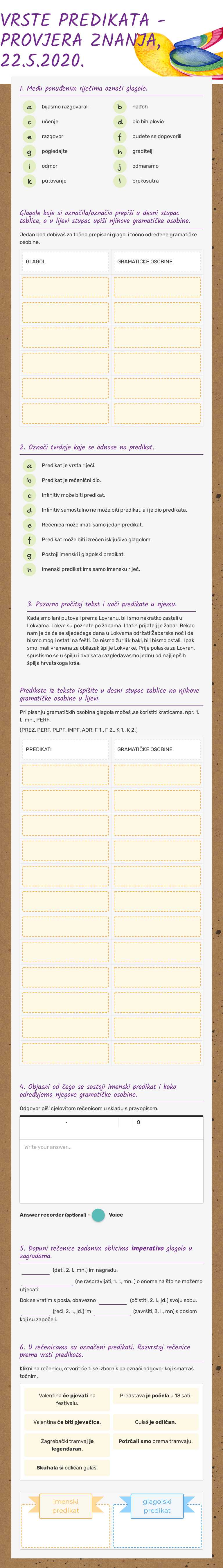 VRSTE PREDIKATA - PROVJERA ZNANJA, 22.5.2020. Grade 6 worksheet preview