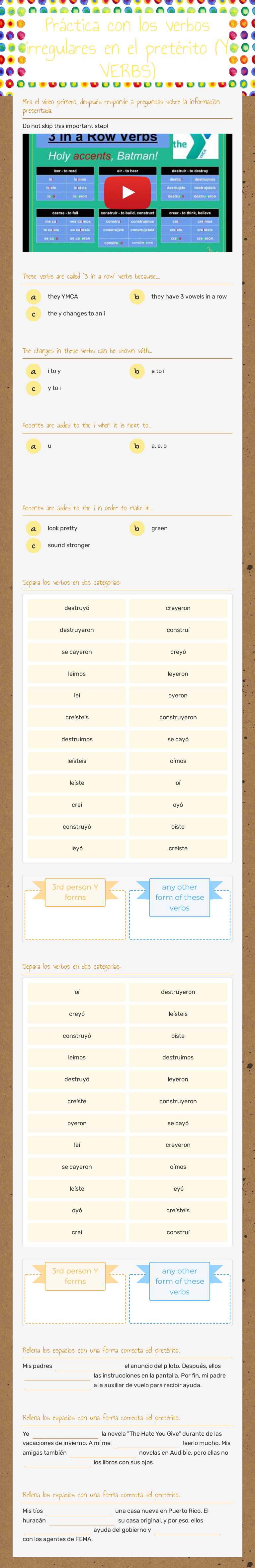 Práctica con los verbos irregulares en el pretérito (Y VERBS) worksheet preview