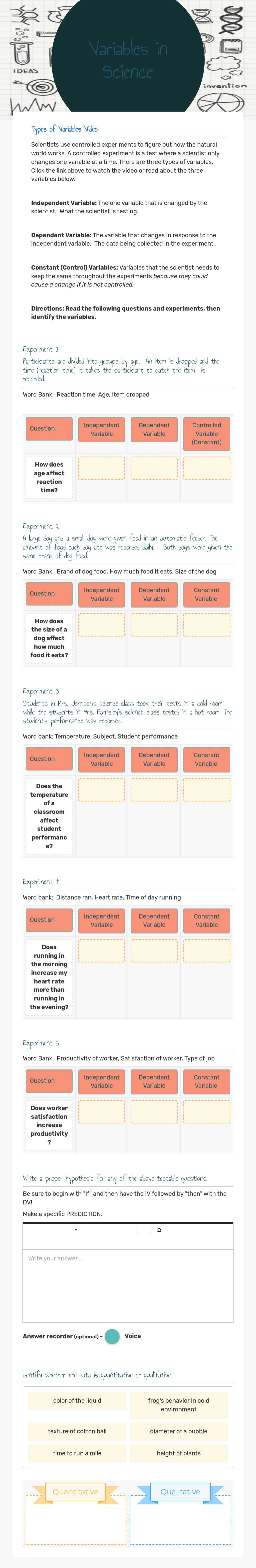 Variables in Science worksheet preview image