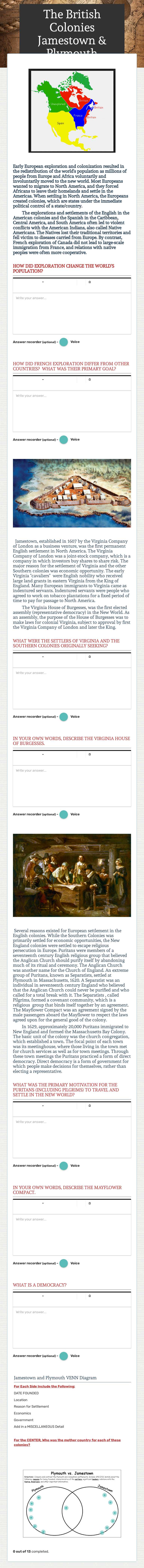 The British Colonies Jamestown & Plymouth Grade 8 worksheet preview