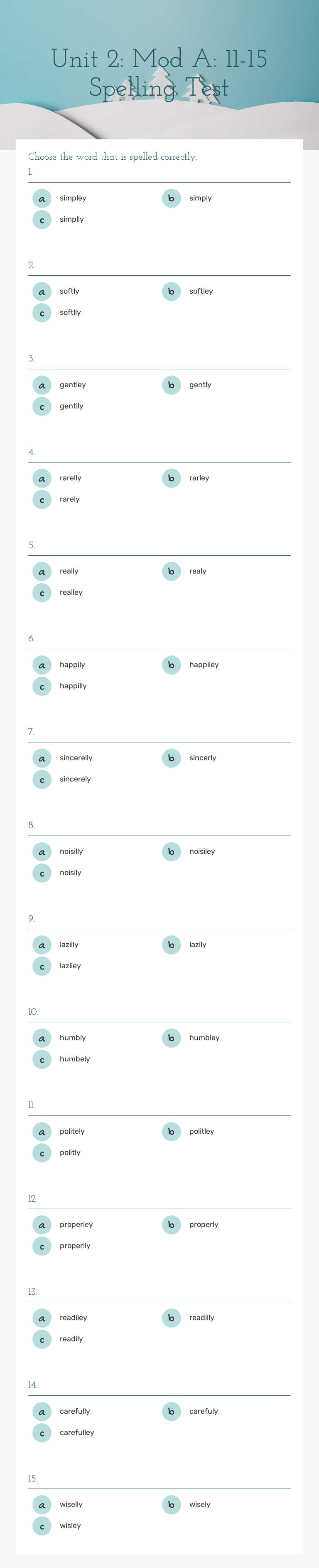 Unit 2: Mod A: 11-15 Spelling Test Grade 4 worksheet preview