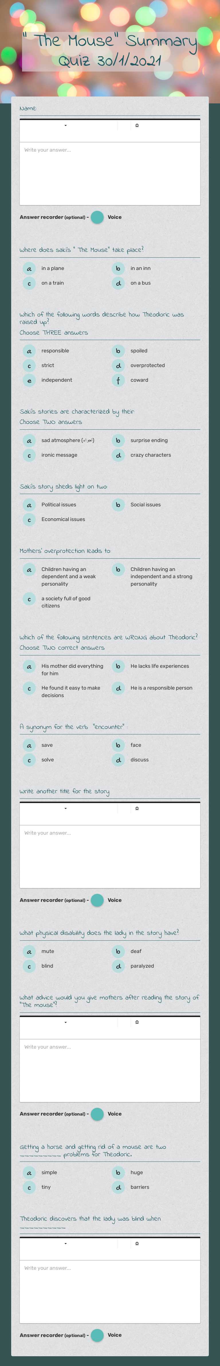 " The Mouse" Summary Quiz 30/1/2021 worksheet preview image