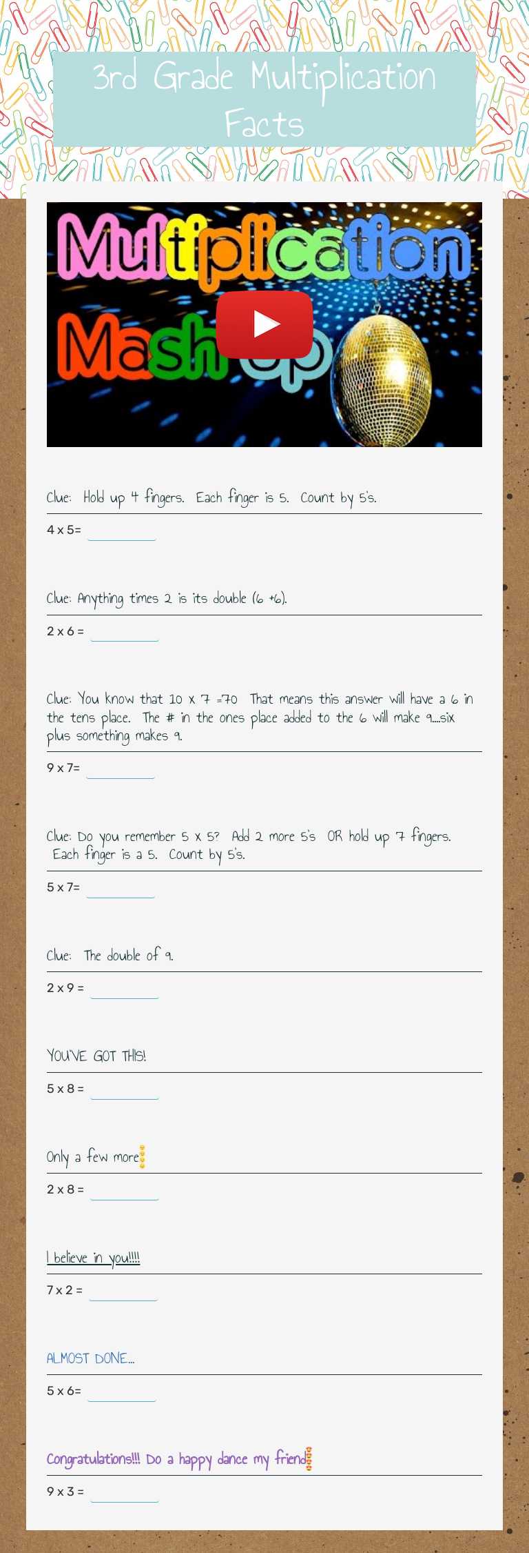 3rd Grade Multiplication Facts worksheet preview image