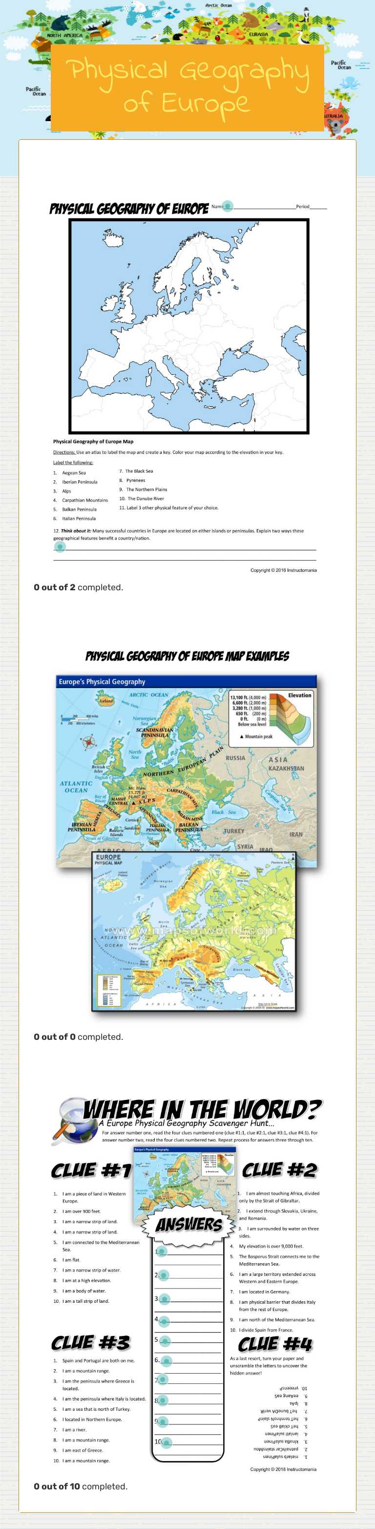 Physical Geography of Europe worksheet preview image