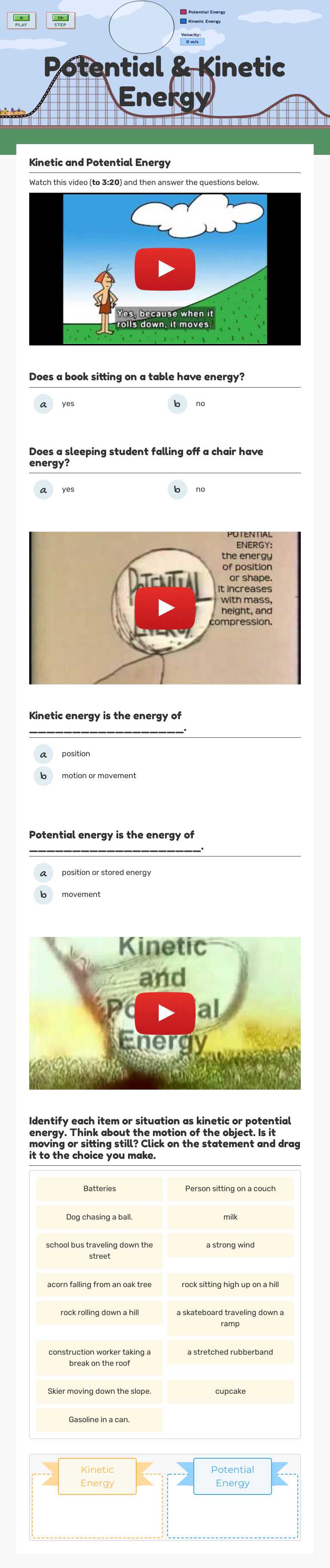 Potential & Kinetic Energy worksheet preview image