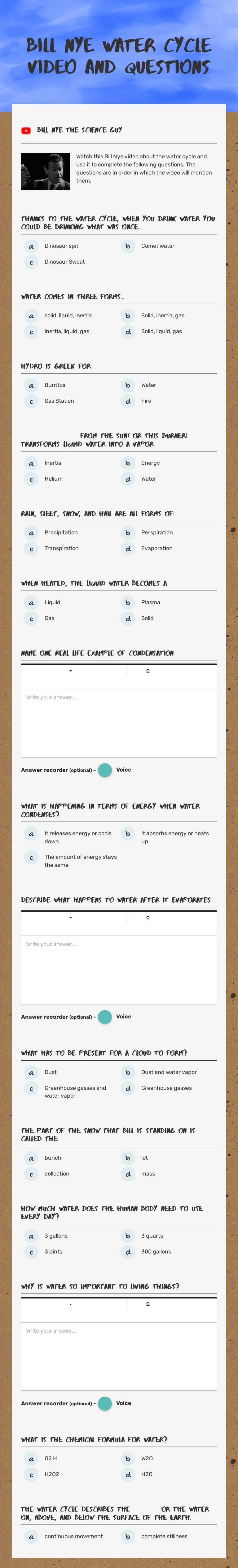 Bill Nye Water Cycle Video and Questions worksheet preview image