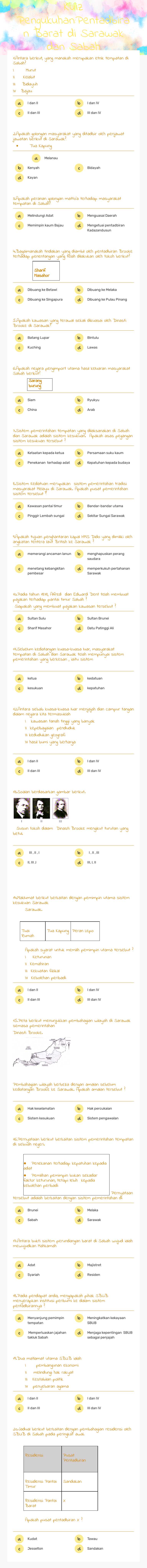 Kuiz Pengukuhan:Pentadbiran Barat di Sarawak dan Sabah worksheet preview image