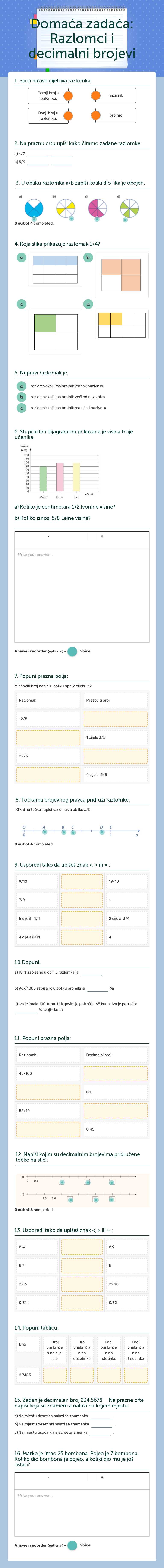 Domaća zadaća: Razlomci i decimalni brojevi Grade 5 worksheet preview