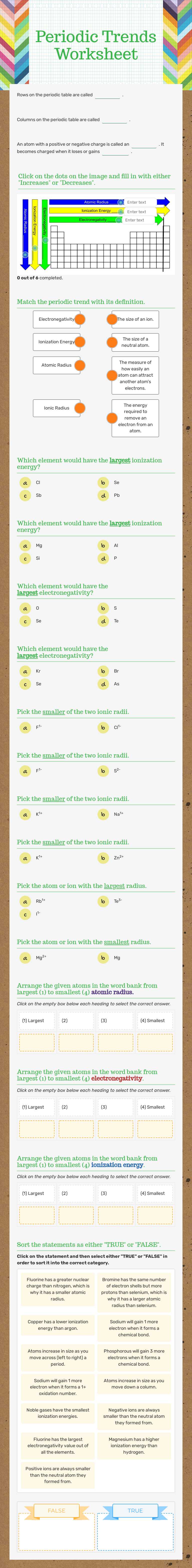 Periodic Trends Worksheet Grade 10 worksheet preview