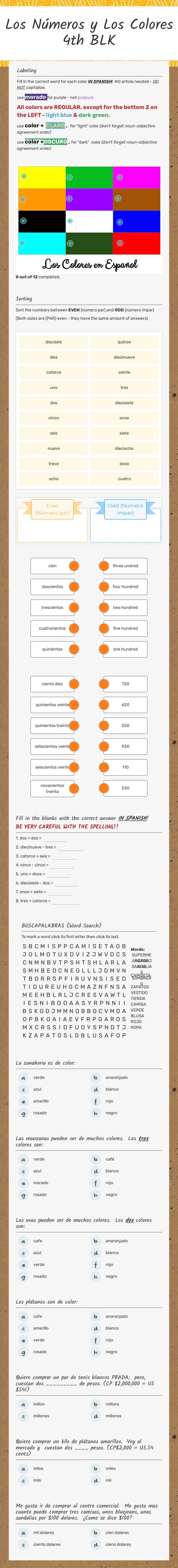 Los  Números  y  Los  Colores     4th BLK Grade 6 worksheet preview