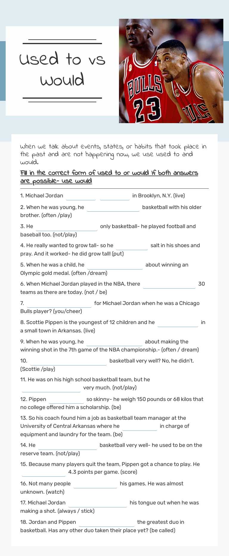 Used to vs Would worksheet preview image