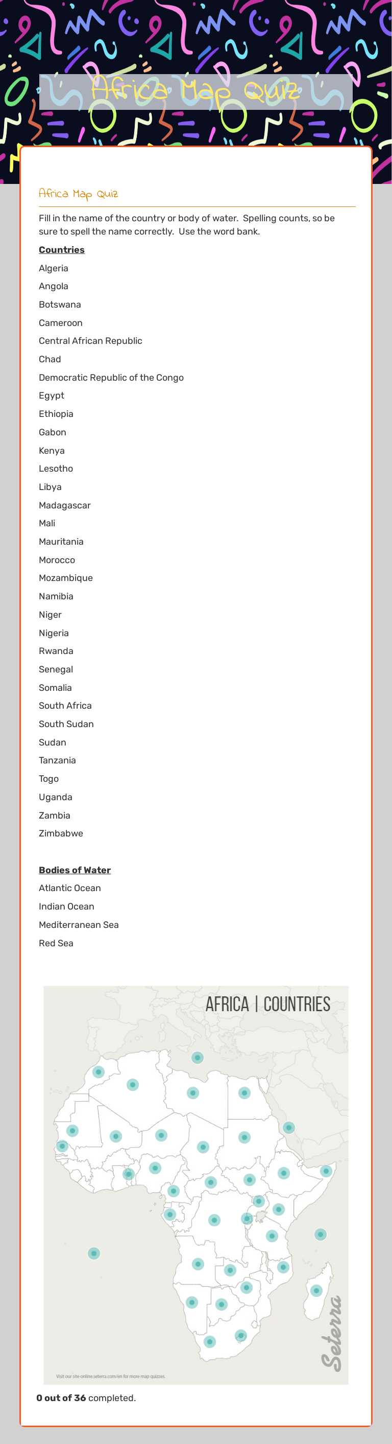 Africa Map Quiz worksheet preview image