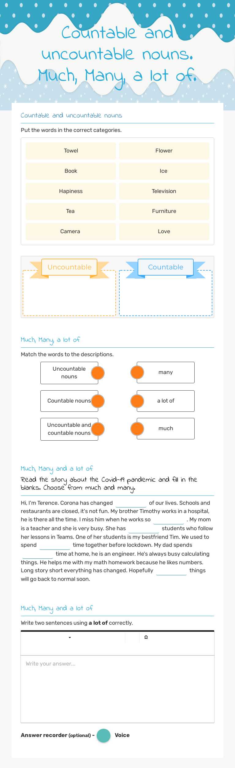 Countable and uncountable nouns. Much, Many, a lot of. worksheet preview image