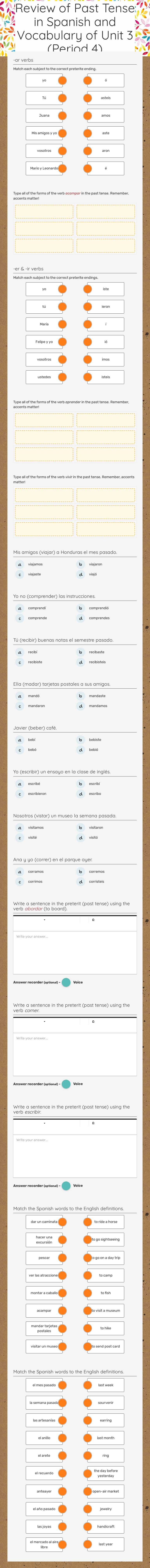 Review of Past Tense in Spanish and Vocabulary of Unit 3 (Period 4) worksheet preview image