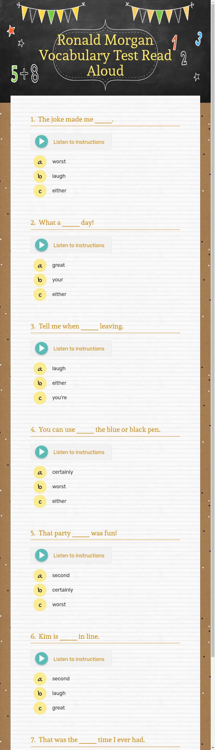 Ronald Morgan Vocabulary Test Read Aloud worksheet preview image