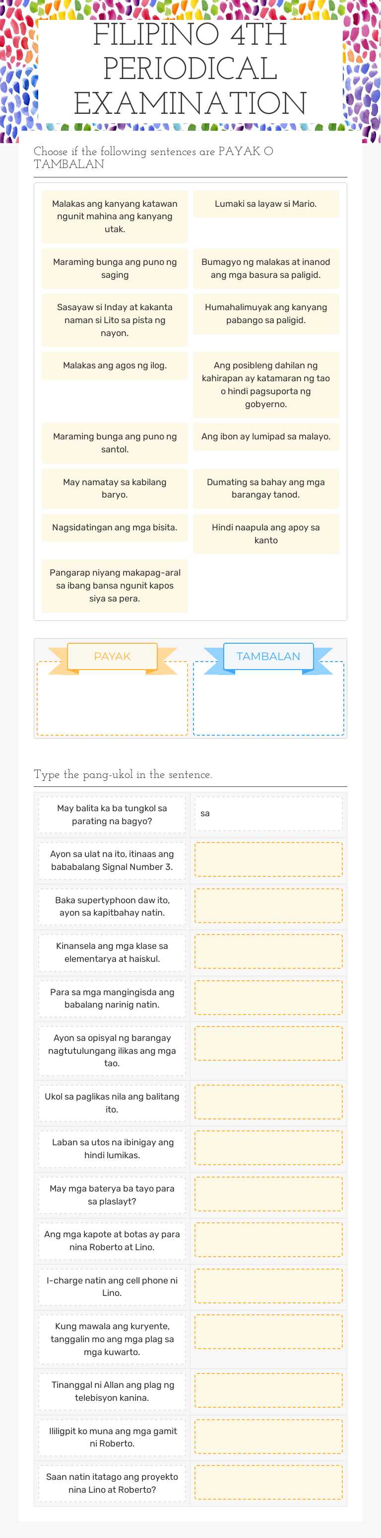 FILIPINO 4TH PERIODICAL EXAMINATION worksheet preview image