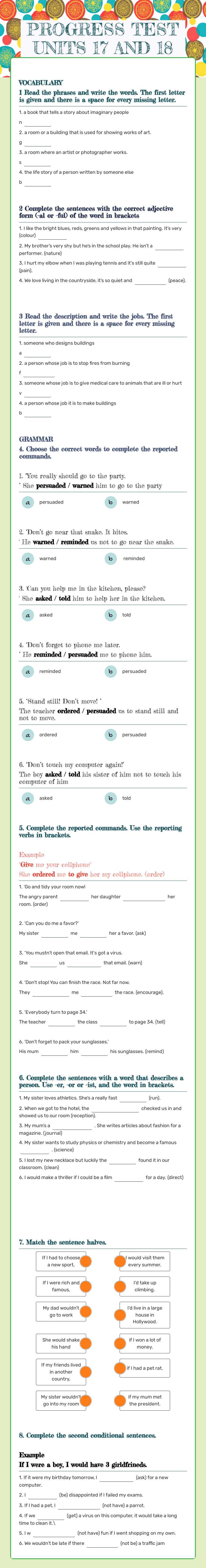 PROGRESS TEST UNITS 17 AND 18 worksheet preview image