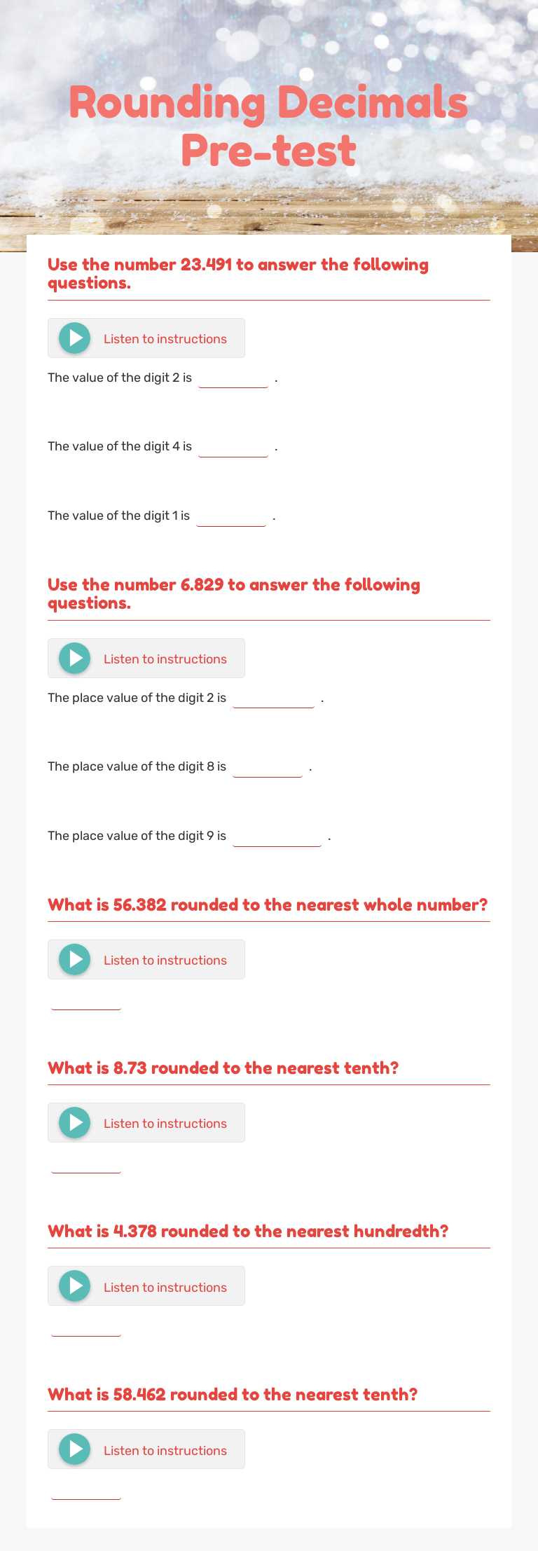 Rounding Decimals Pre-test worksheet preview image