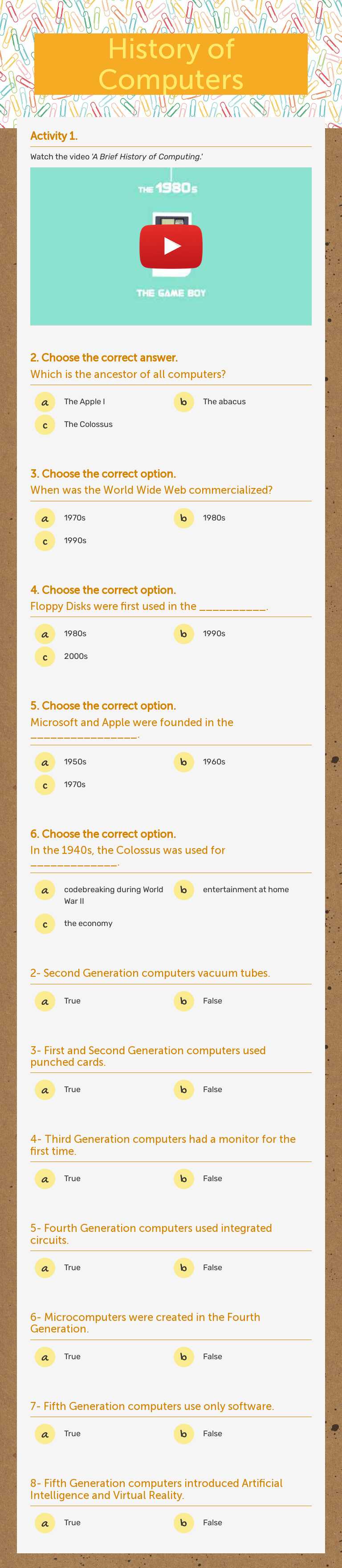 History of Computers worksheet preview image