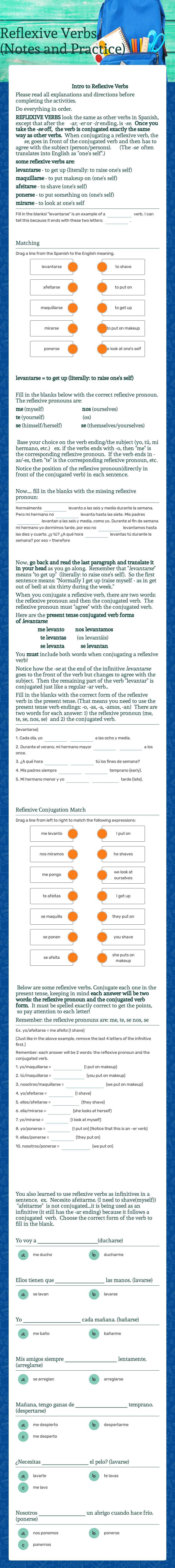 Reflexive Verbs    
(Notes and Practice) worksheet preview image