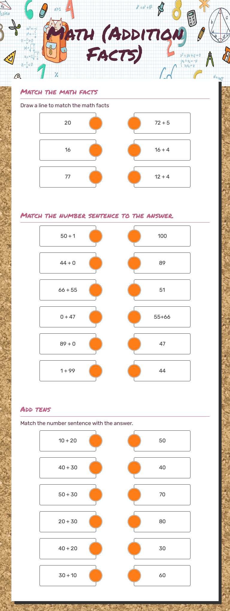 Math (Addition Facts) worksheet preview image