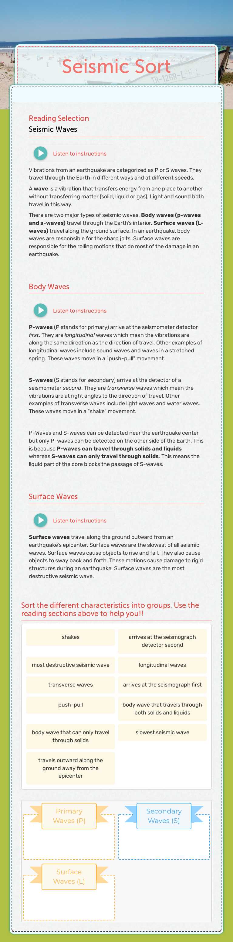 Seismic Sort worksheet preview image
