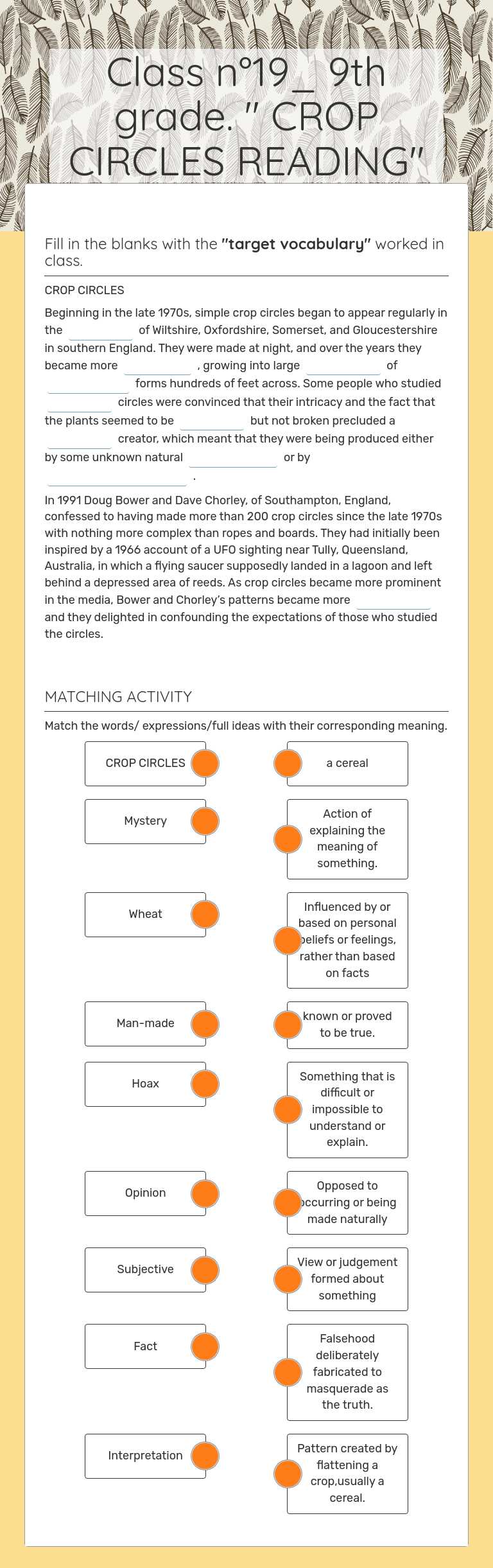 Class n°19_ 9th grade. " CROP CIRCLES READING" worksheet preview image