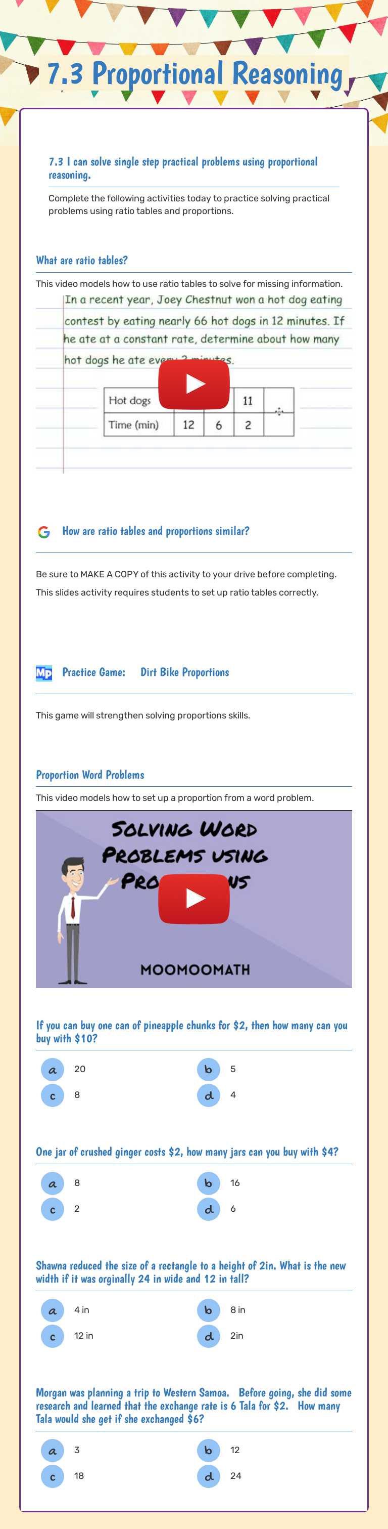 7.3 Proportional Reasoning Grade 7 worksheet preview